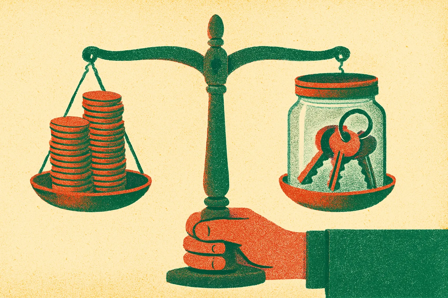 Editorial illustration: A shopkeeper's brass balance scale with a stack of coins on one pan and a jar of house keys on the other, held level by a single steady hand.
