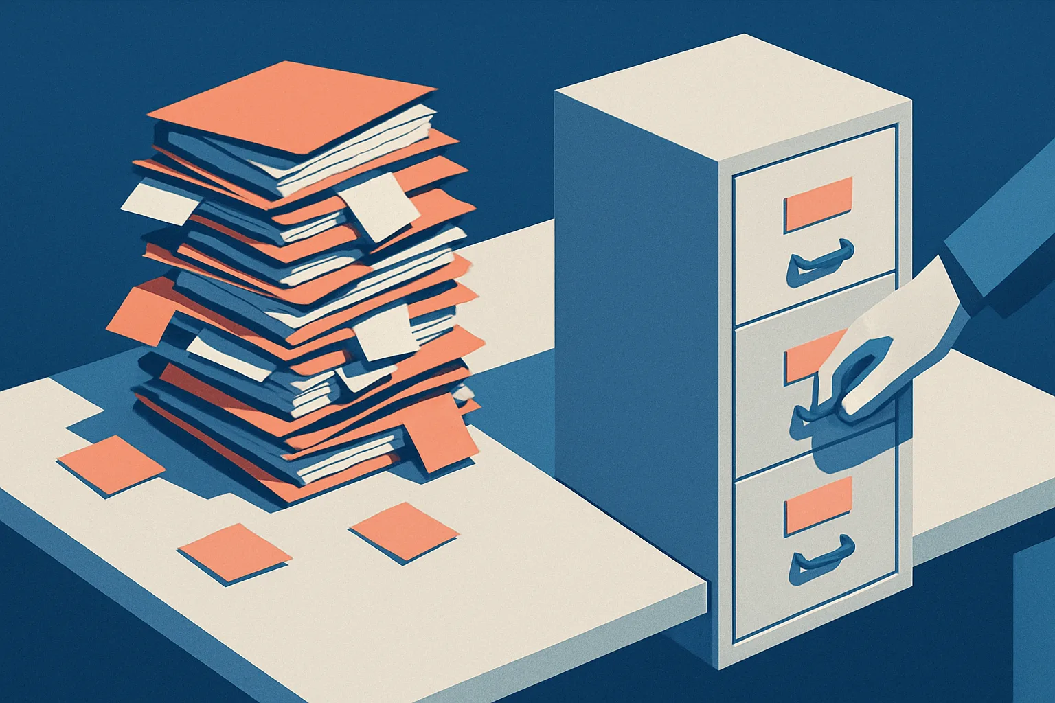 Editorial illustration: A cluttered office desk piled with paper folders and sticky notes on one side, and a single neat filing cabinet with clearly labelled drawers on the other, with one person's hand reaching for a drawer.