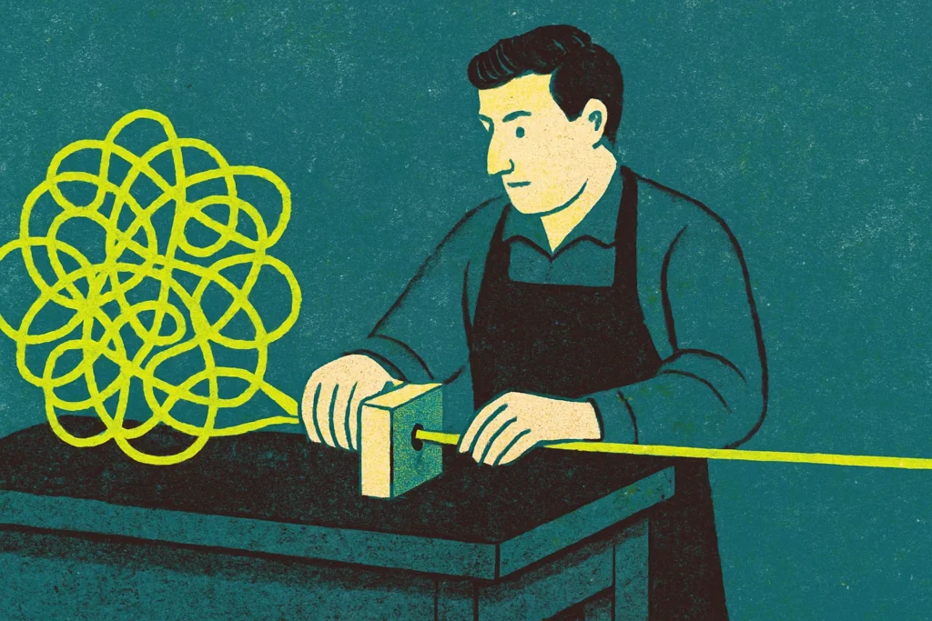 Editorial illustration: A small-business owner at a workshop bench feeding a tangle of tangled string through a single tidy wooden guide, so that it comes out as one straight line on the other side.