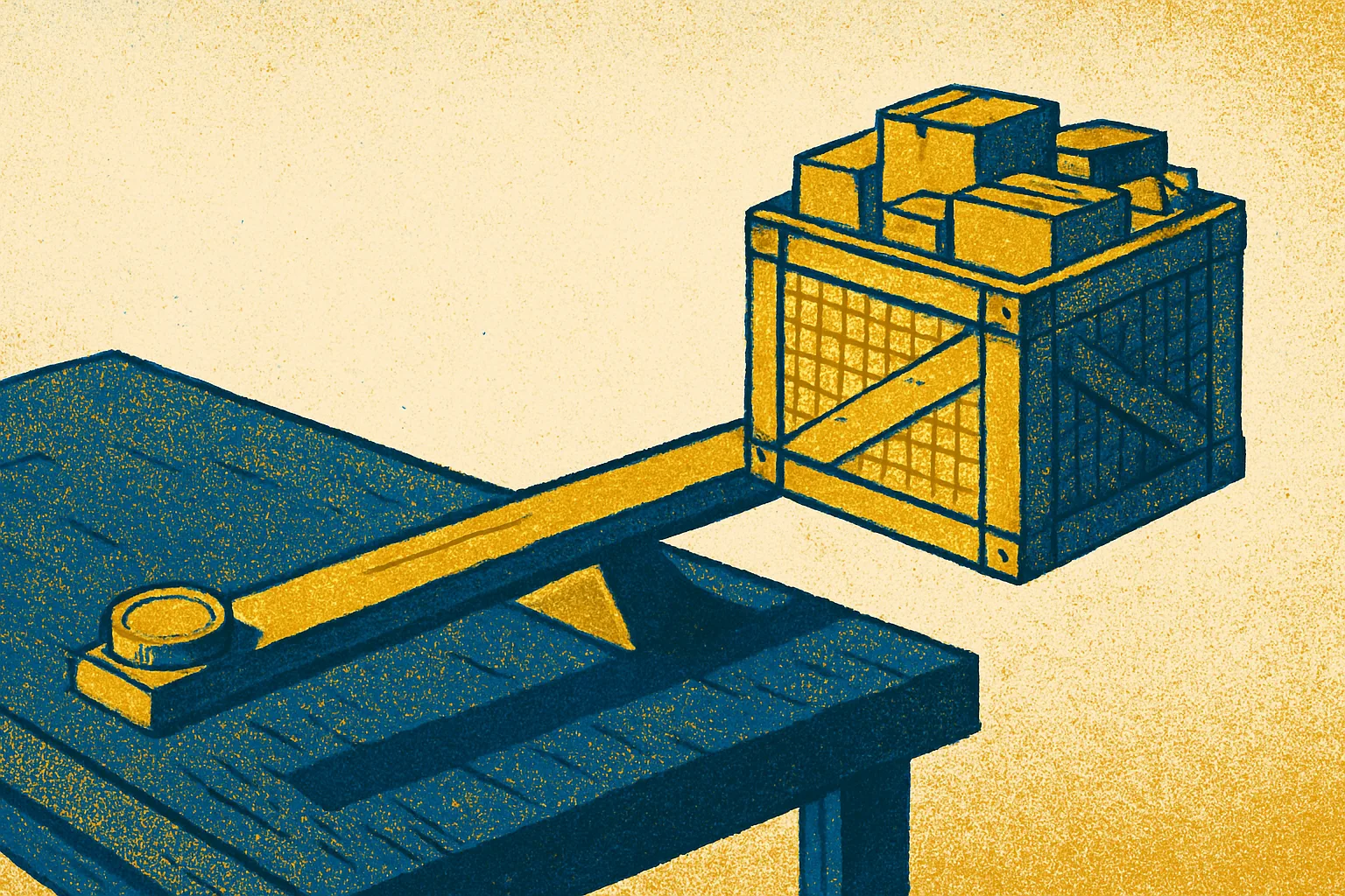 Editorial illustration: A long wooden lever on a workshop bench with a single coin pressed down on one end, lifting a heavy crate of goods on the other.