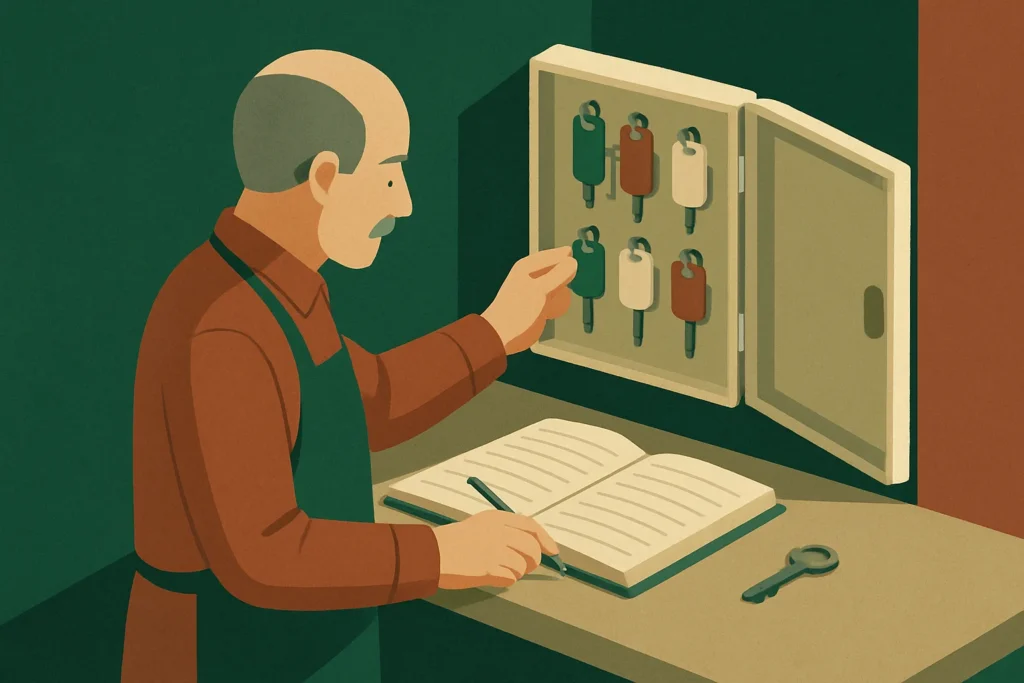 Editorial illustration: A small-shop owner at a back-office key cabinet checks a row of colour-tagged keys against a paper ledger, while one untagged key lies unclaimed on the counter.