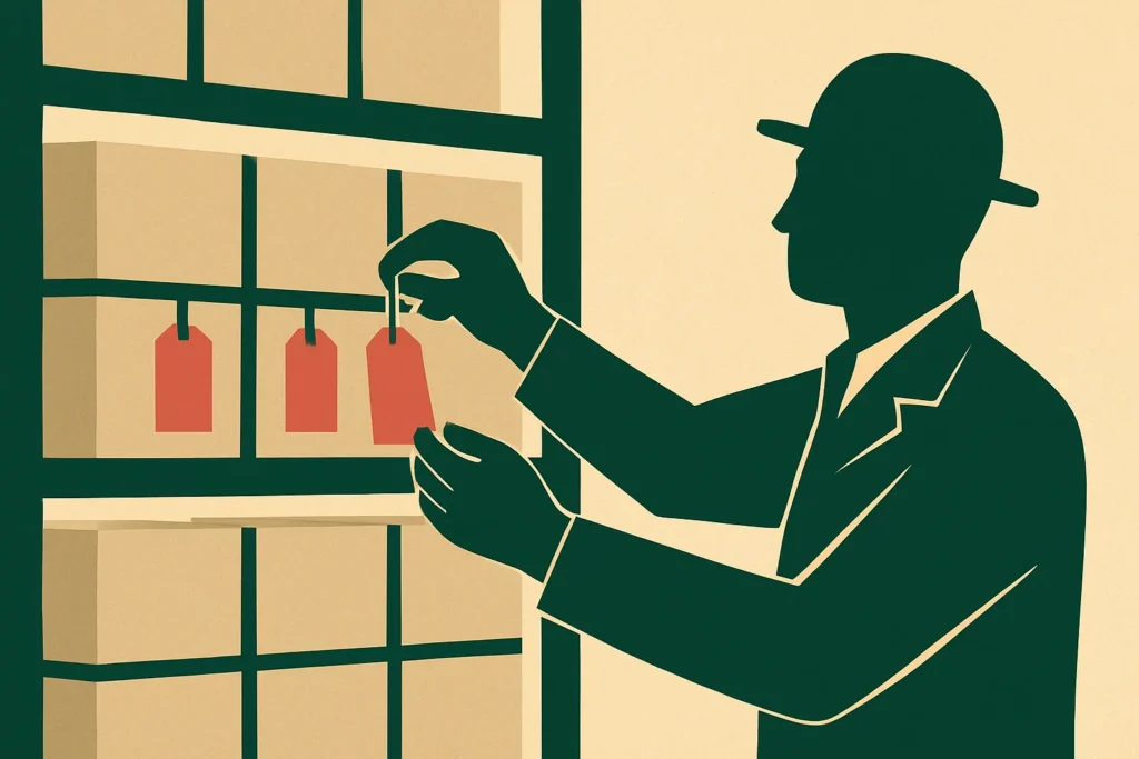 Editorial illustration: An anonymous manager in a stockroom fastening a plain coloured tag to each of many unmarked boxes on tall shelves, with a few boxes already tagged in red at eye level.