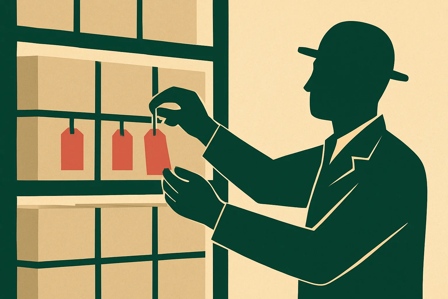 Editorial illustration: An anonymous manager in a stockroom fastening a plain coloured tag to each of many unmarked boxes on tall shelves, with a few boxes already tagged in red at eye level.