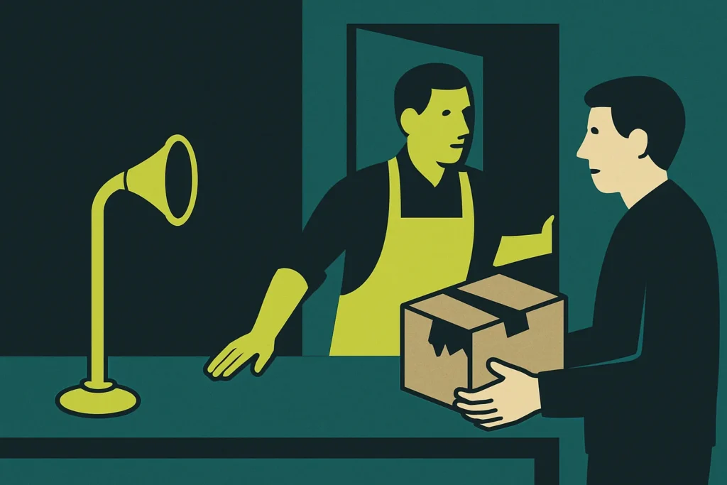 Editorial illustration: A shop counter with a brass speaking tube on one side for routine queries, while the shopkeeper steps out from the back room to help a customer holding a damaged parcel.
