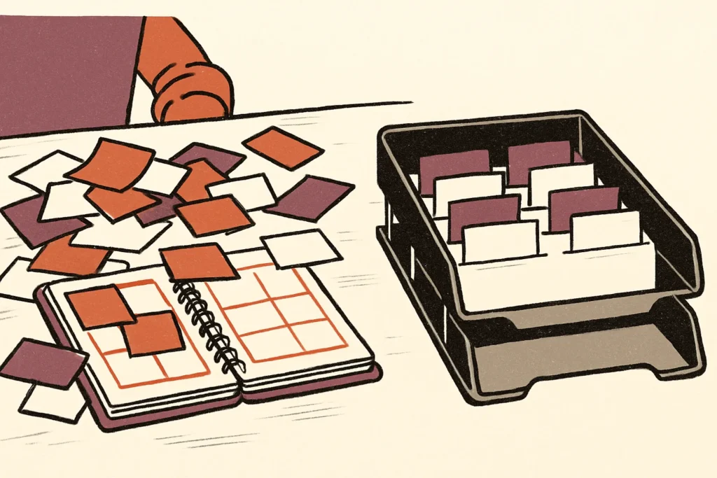 Editorial illustration: A tradesperson's cluttered desk of sticky notes, business cards and a ring-bound diary on one side, and on the other a single tidy filing tray with each card in its own labelled slot.