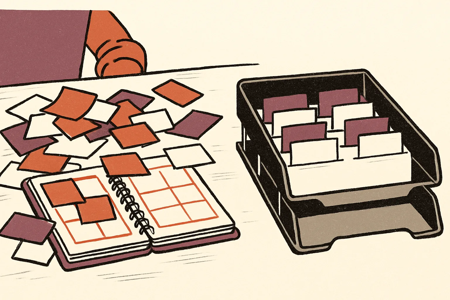 Editorial illustration: A tradesperson's cluttered desk of sticky notes, business cards and a ring-bound diary on one side, and on the other a single tidy filing tray with each card in its own labelled slot.