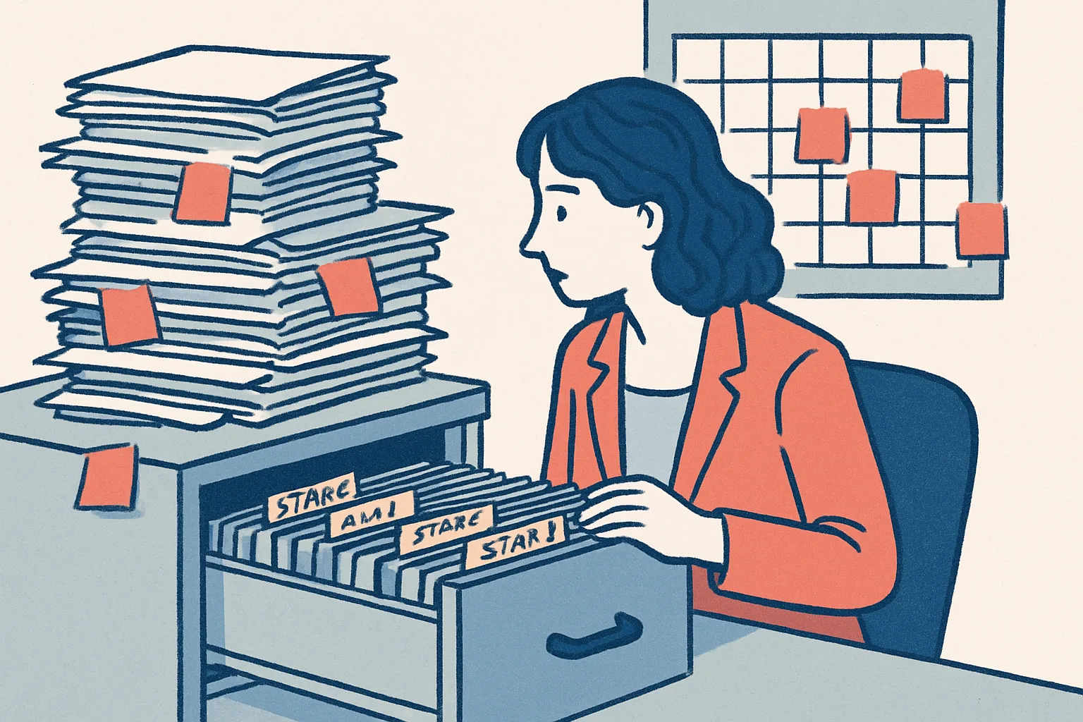 Editorial illustration: A small business owner's desk piled with paper folders, sticky notes and a wall calendar, with one tidy filing cabinet drawer pulled open to reveal neatly labelled files for each member of staff.