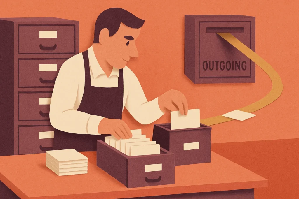 Editorial illustration: A shopkeeper at a workbench sorting loose customer index cards into neat labelled drawers, with a single brass conveyor carrying one card toward a small outgoing letterbox.