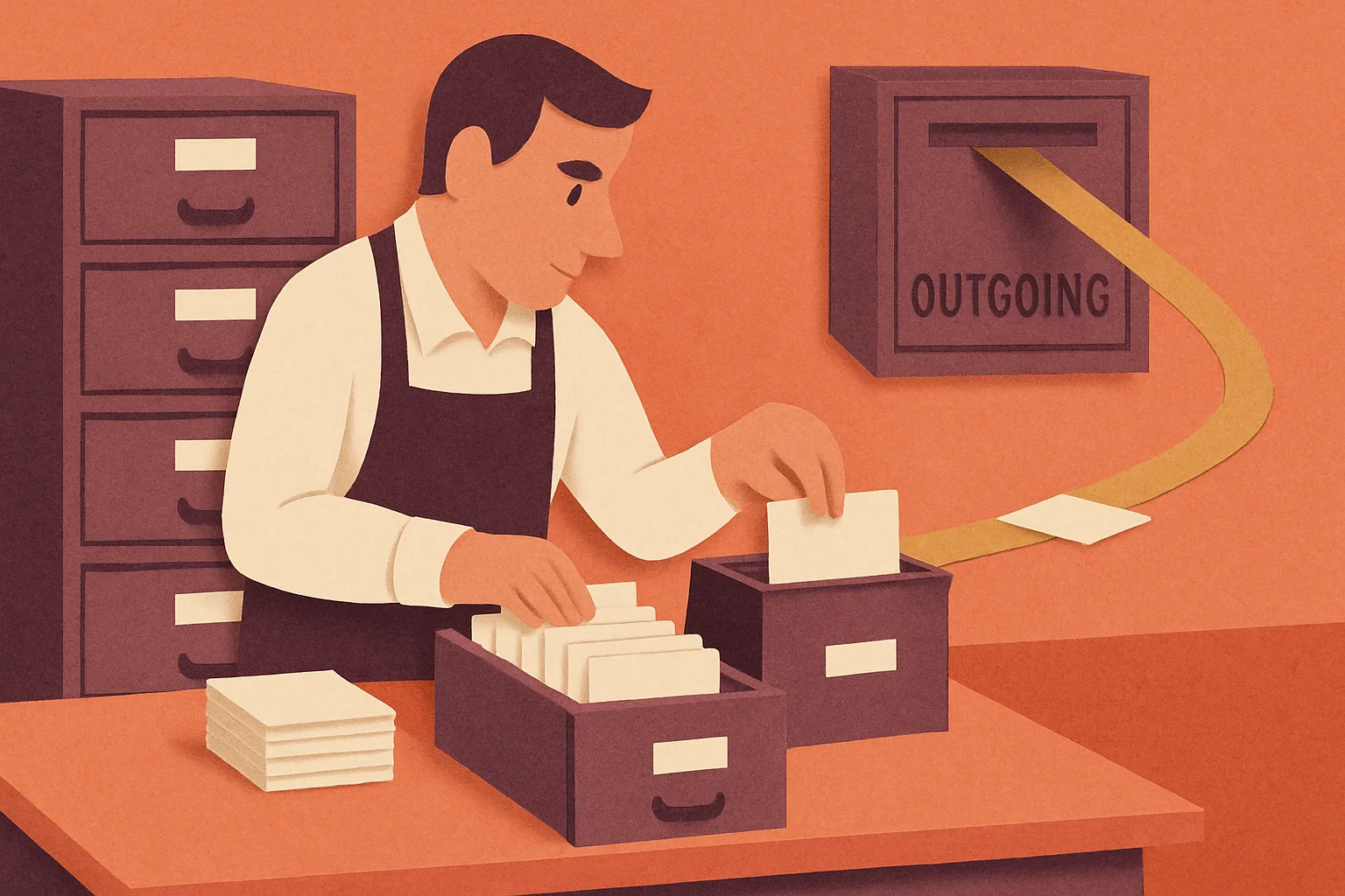 Editorial illustration: A shopkeeper at a workbench sorting loose customer index cards into neat labelled drawers, with a single brass conveyor carrying one card toward a small outgoing letterbox.