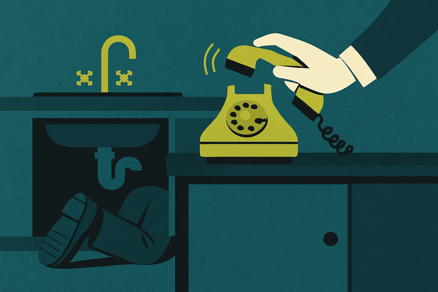 Editorial illustration: A plumber's boots stick out from under a kitchen sink while a brass desk telephone rings unanswered on the worktop and a calm hand in a shirt cuff reaches in to lift the receiver.
