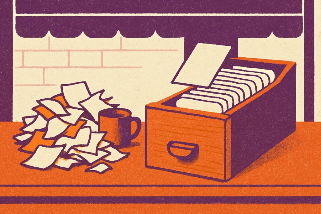Editorial illustration: A tidy wooden card-index drawer standing open on a shopfront counter, next to a chaotic pile of sticky notes, loose receipts and a mug, with one neat card being lifted out.