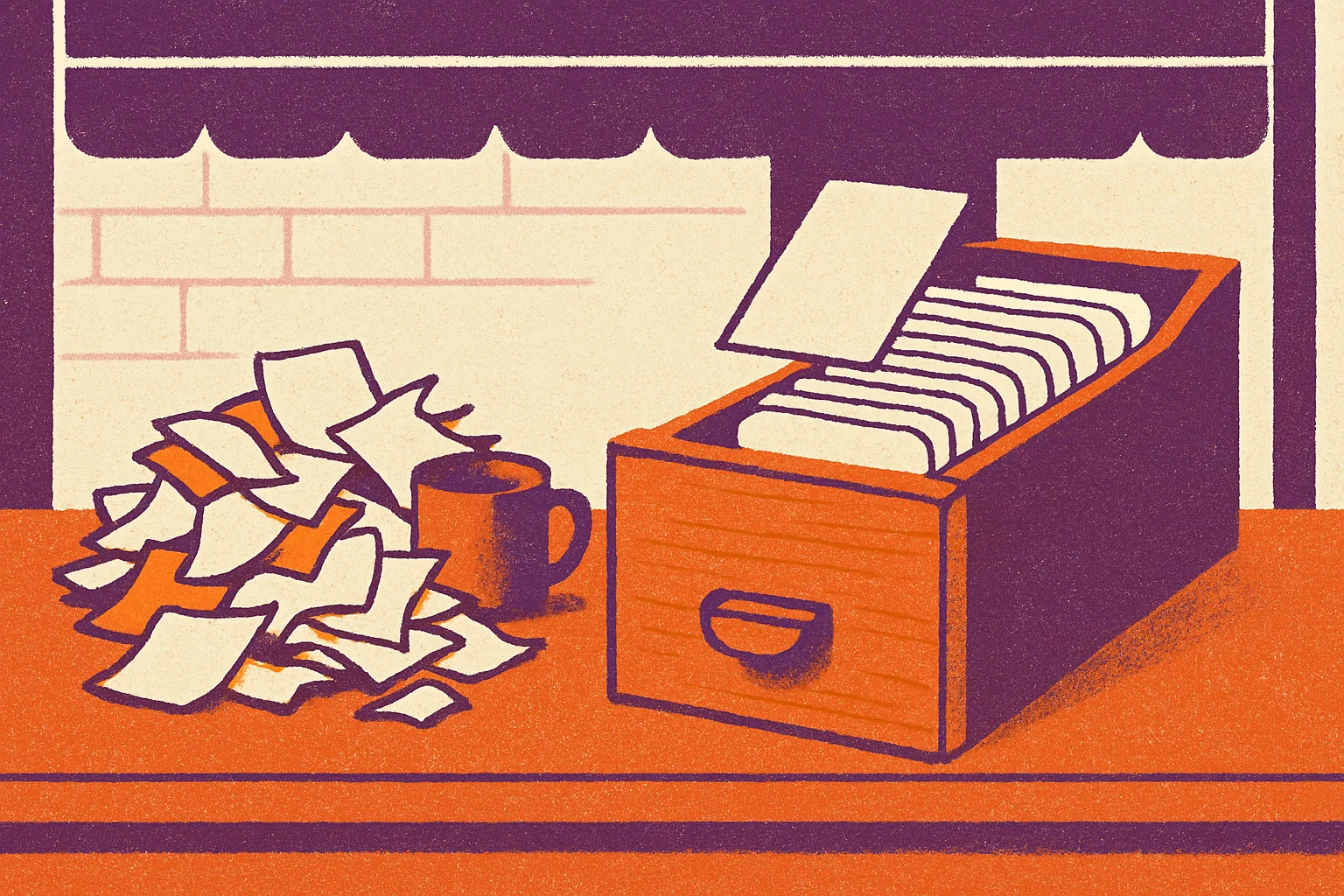 Editorial illustration: A tidy wooden card-index drawer standing open on a shopfront counter, next to a chaotic pile of sticky notes, loose receipts and a mug, with one neat card being lifted out.