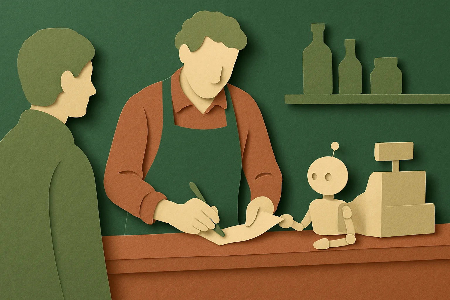 Editorial illustration: A shopkeeper in an apron stands behind a counter, signing a receipt handed over by a small, faceless mechanical assistant standing beside the till, while a customer waits across the counter.
