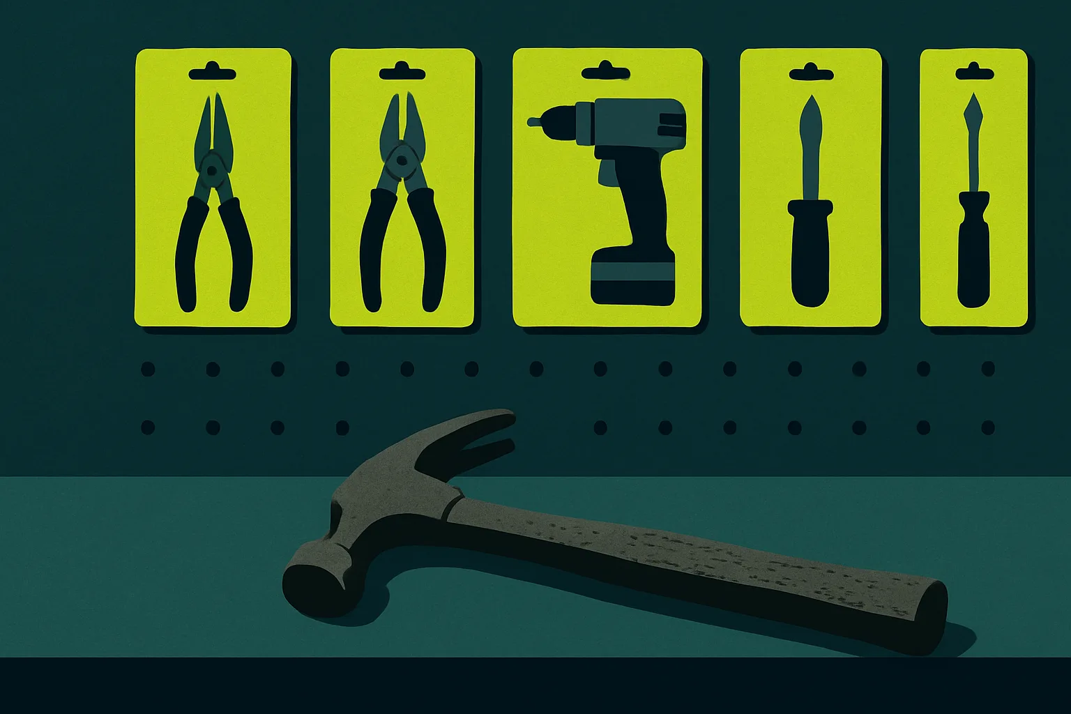 Editorial illustration: A tradesperson's workbench with one well-worn tool laid out ready for use, while a wall of shiny, unused gadgets still in their packaging hangs behind it.