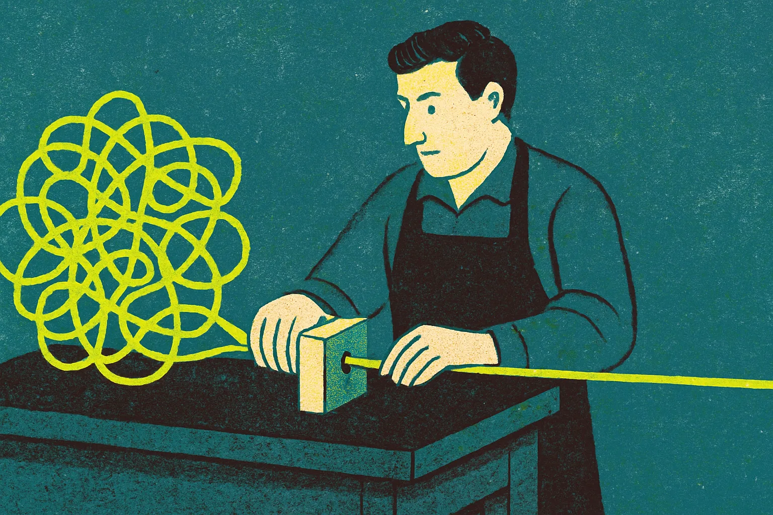 Editorial illustration: A small-business owner at a workshop bench feeding a tangle of tangled string through a single tidy wooden guide, so that it comes out as one straight line on the other side.