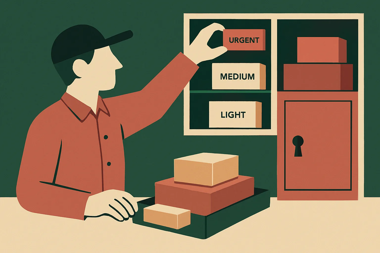 A post-room clerk sorting parcels into three pigeonholes by size and urgency, with the heaviest parcels going into a locked cabinet while th