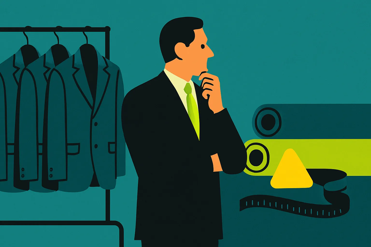 A tailor's workshop split in two: a rack of ready-made jackets on one side, bolts of cloth and tailor's chalk for a bespoke suit on the othe