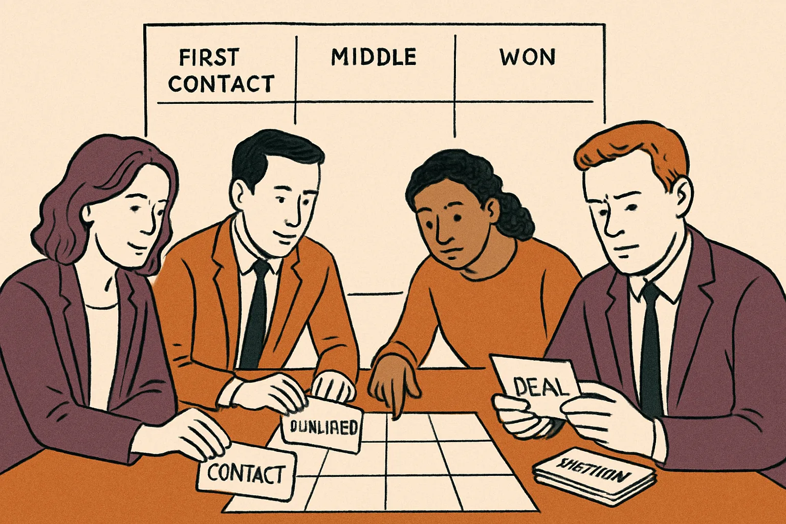 A small team around a table, each holding one clearly labelled card from a shared pile and sliding it across a board divided into columns fr