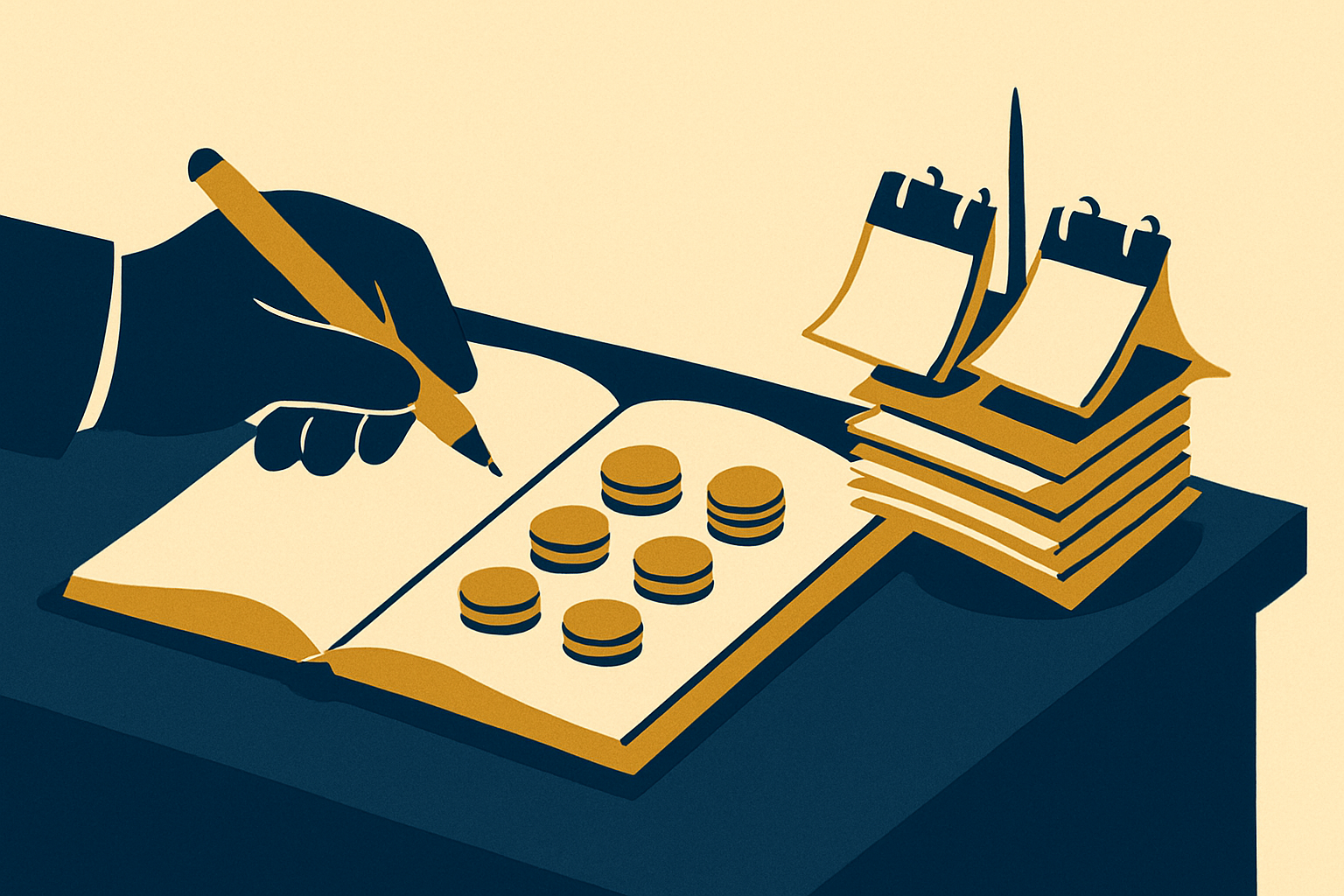 A small business owner's desk with a ledger recording only coins that have reached the till, while a separate spike on the corner of the des