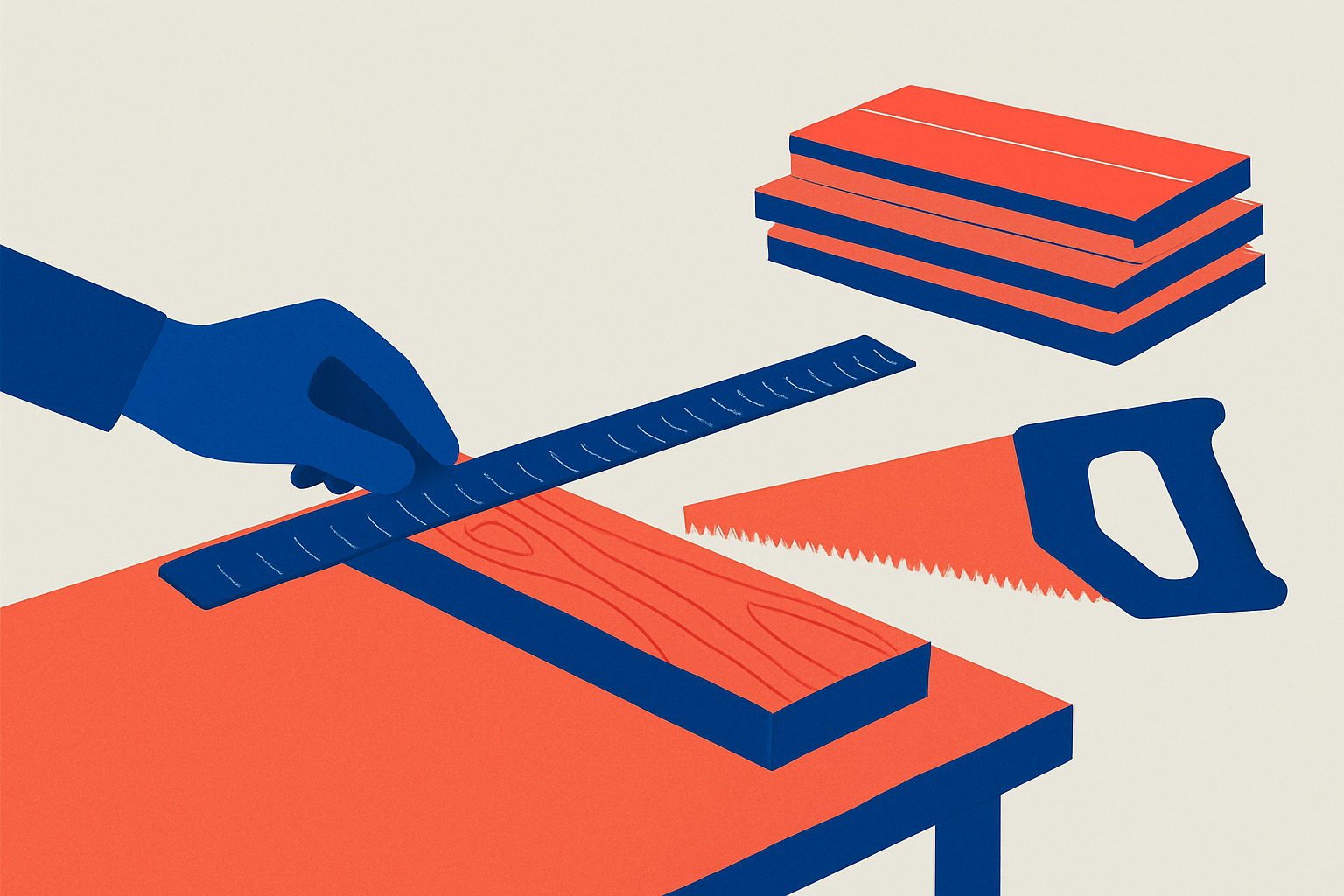 A workshop bench with a long ruler laid against one clearly marked piece of timber being measured before cutting, while a pile of unmarked p