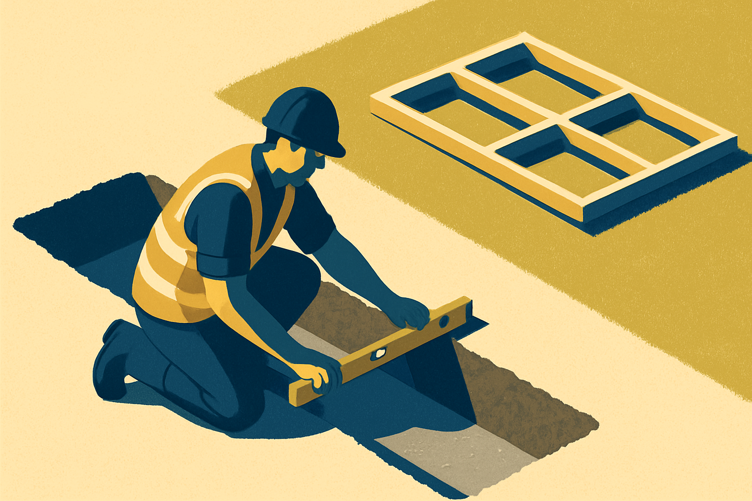 A builder kneeling in a freshly dug foundation trench, checking the concrete with a spirit level, while the timber frame for a second storey