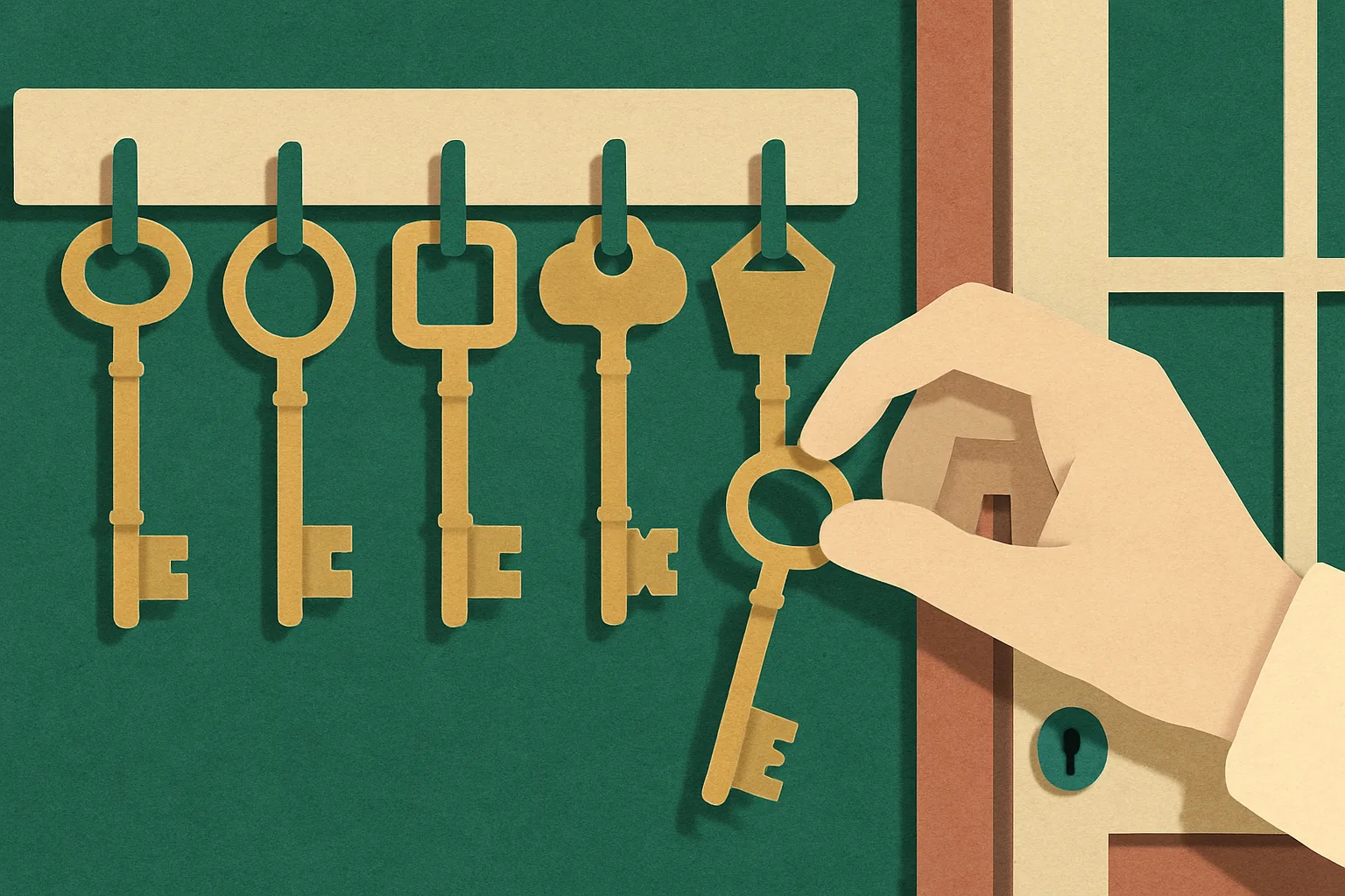 A row of five labelled-by-shape brass keys, each a different form, hanging on a hook board, with a hand taking one key down to test it again