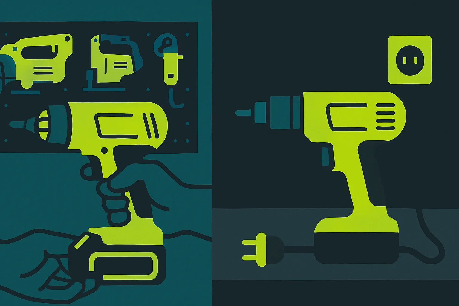 Two workshops side by side: in one, a cordless drill clicks into the same battery system as every other tool on the wall; in the other, a lo