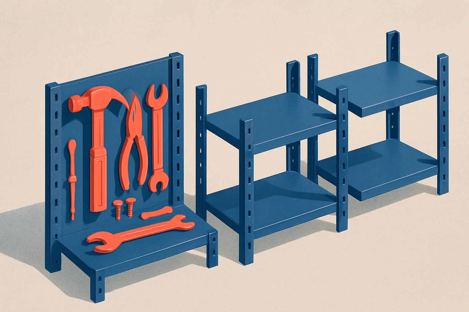 A row of three small adjustable shelves in a workshop, with only the first shelf filled with tools and the other two left empty but ready to