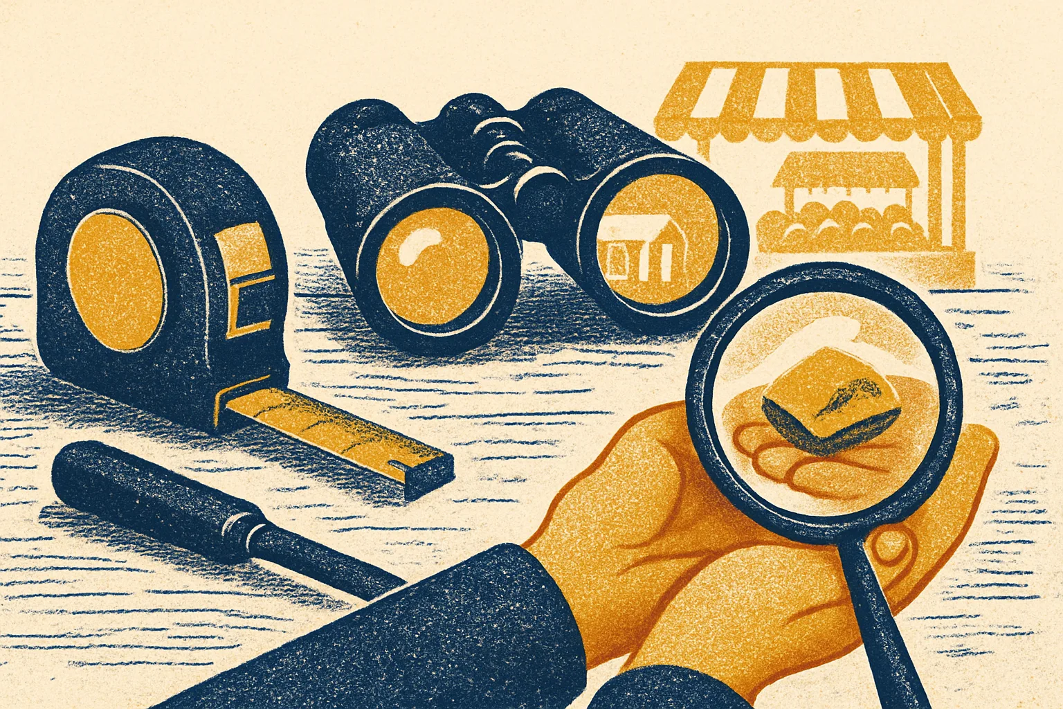 Three tools laid out on a craftsman's bench: a tape measure for cost, binoculars aimed at a neighbouring market stall for competitors, and a