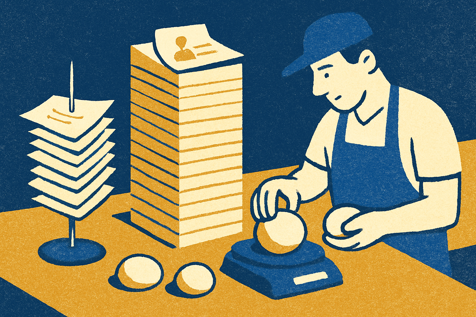A pizzeria counter where a spike of paper order slips on one side feeds a growing stack of regular-customer index cards on the other, and a 