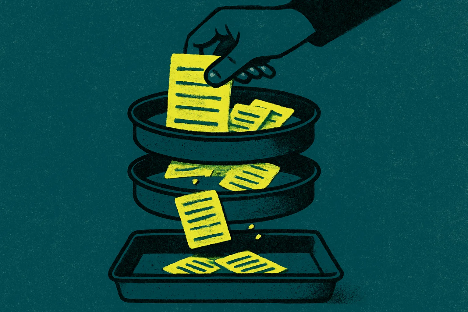 A hand lowering a list of jumbled task cards through three stacked sieves, with only the repetitive, rule-based cards dropping through to a